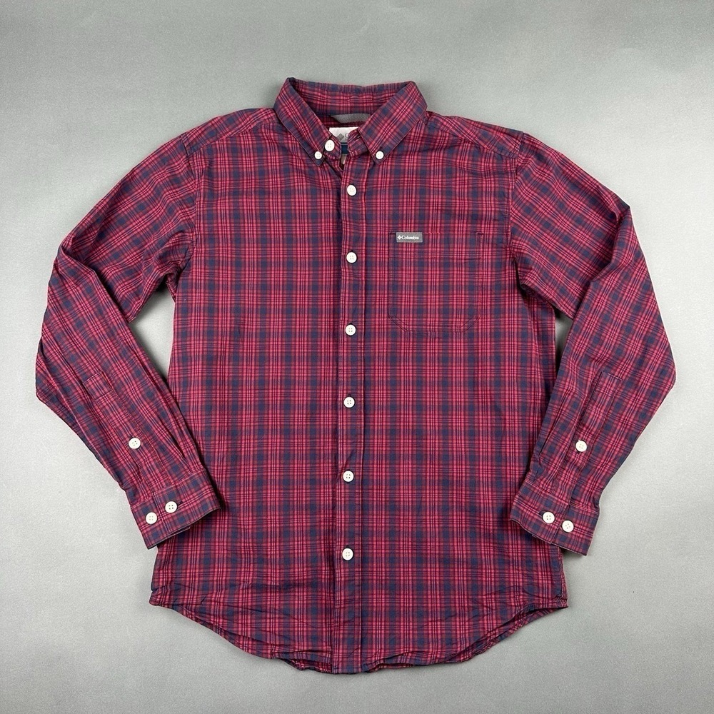 Columbia Button Down Shirt Mens S Red Navy Plaid Long Sleeve Stretch AM7968